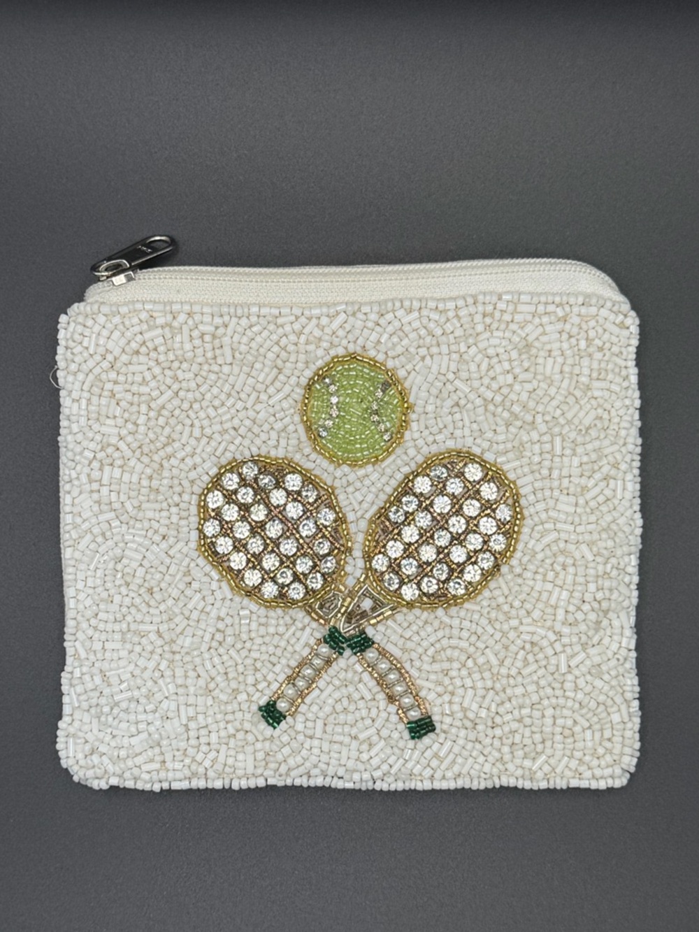 Beaded Tennis Racquet Coin Purse Zip Pouch Rhinestone Ball White